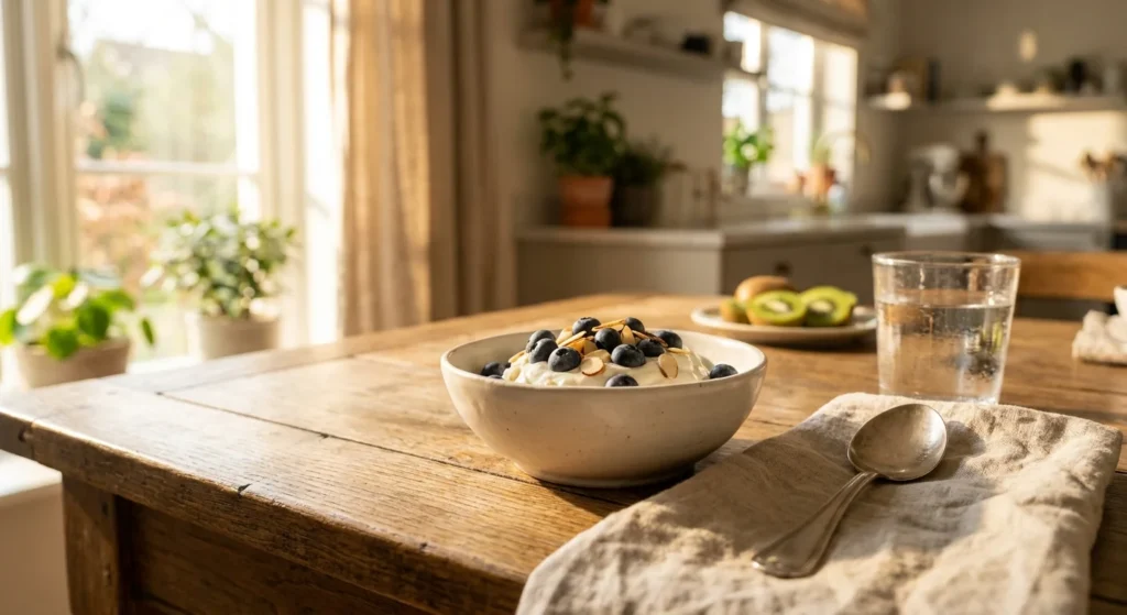 A close-up photograph of a bowl of Greek yogurt with blueberries and almonds on a wooden table in soft morning light.