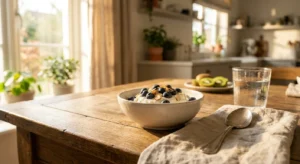 A close-up photograph of a bowl of Greek yogurt with blueberries and almonds on a wooden table in soft morning light.