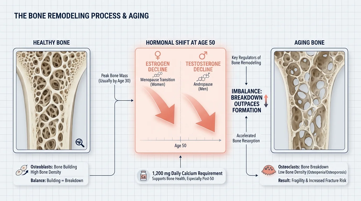 A medical diagram showing the process of bone remodeling and the impact of aging on bone density after age 50.