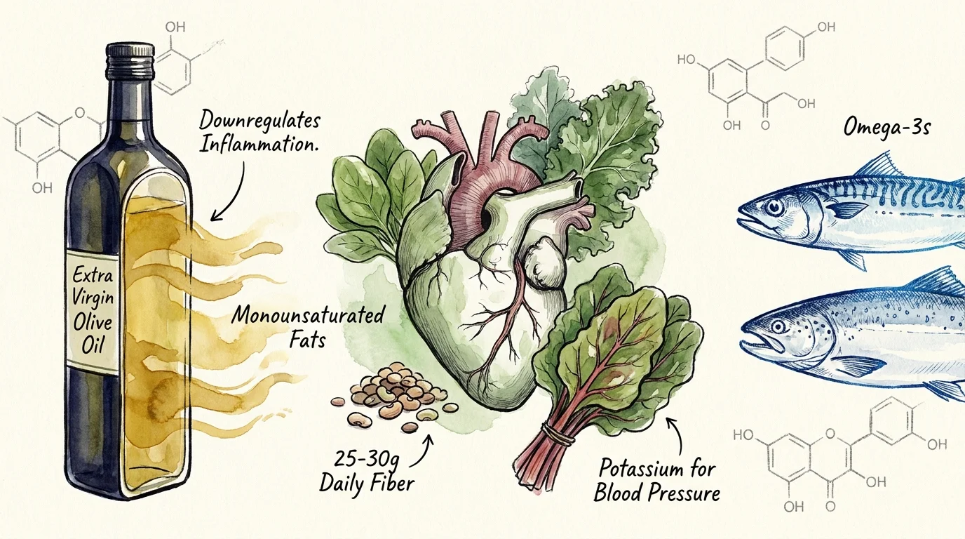 A scientific watercolor illustration showing olive oil, fish, and leafy greens with labels about fiber and heart health.