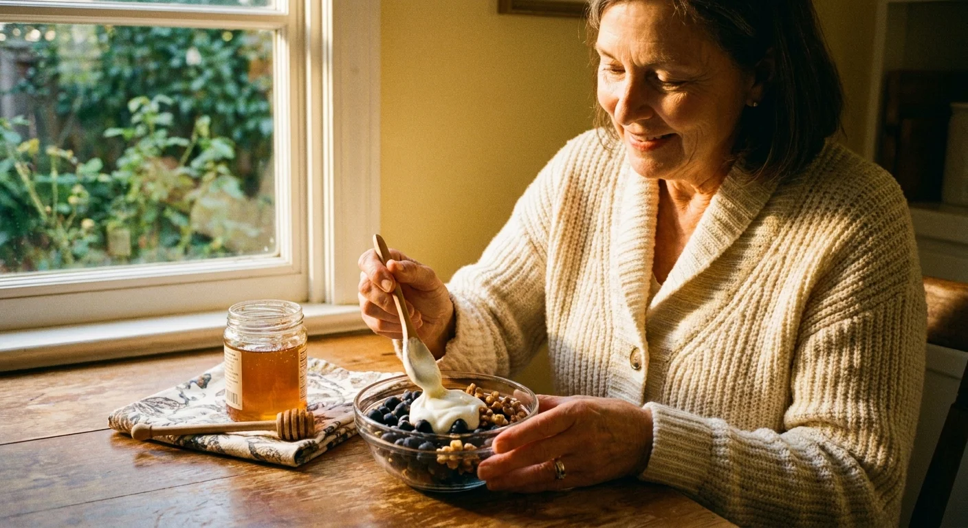 A senior woman smiling while preparing a yogurt parfait with blueberries and walnuts in a sunlit kitchen.