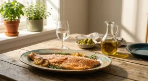 A sunlit wooden table featuring a roasted salmon platter, olive oil, and fresh herbs in a bright, cozy dining room.