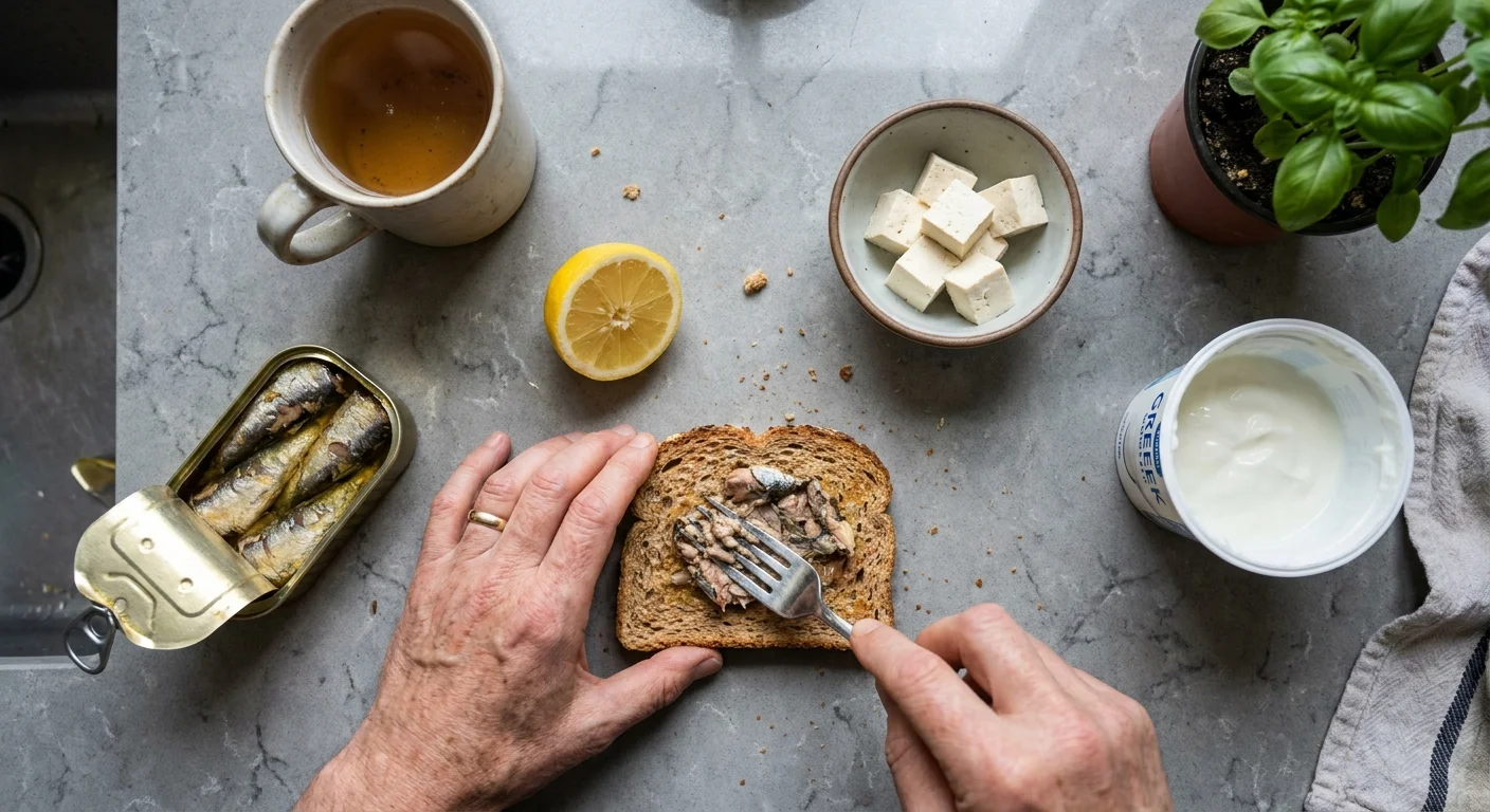 A top-down photo of hands preparing a meal with sardines, tofu, and lemon on a kitchen counter.