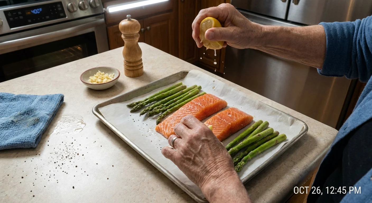 A top-down view of senior hands squeezing lemon over salmon and asparagus on a baking sheet, with an oven display showing 400 degrees.