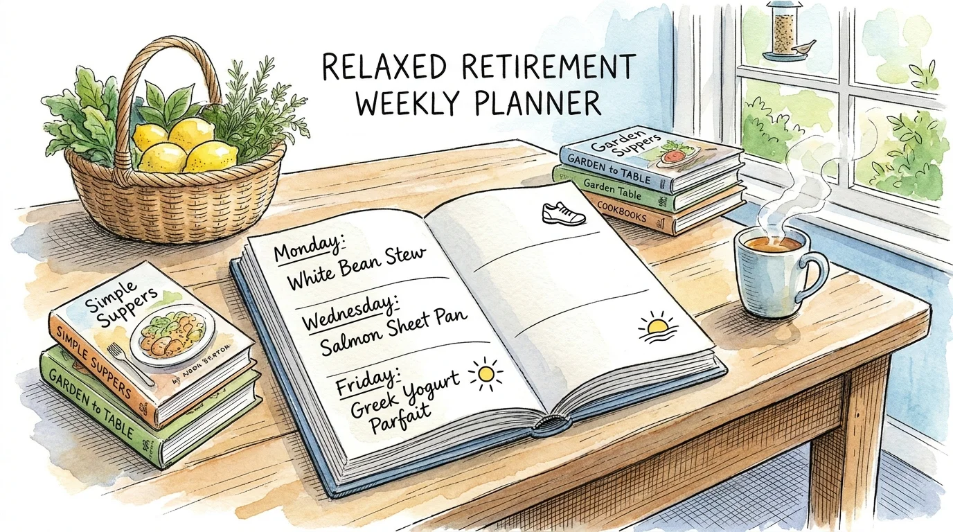 A watercolor illustration of a weekly meal planner with handwritten Mediterranean recipes next to a grocery basket.