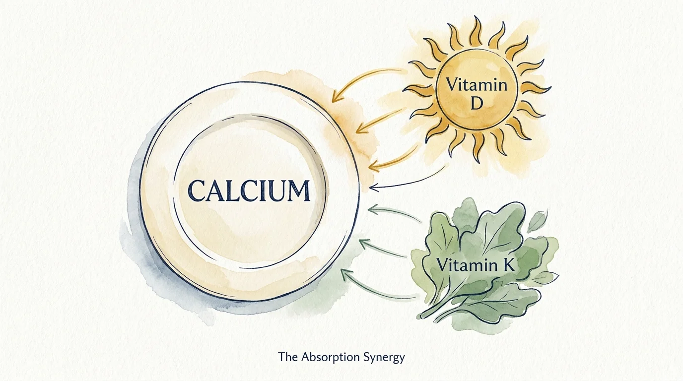 An artistic watercolor illustration showing the relationship between Calcium, Vitamin D, and Vitamin K for bone health.