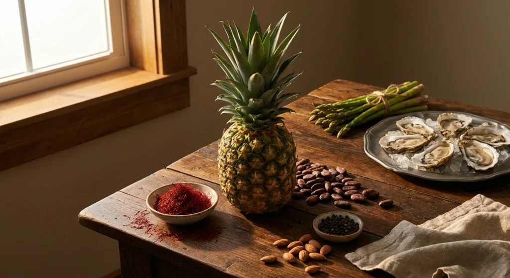 A beautiful spread of pineapple, cocoa beans, saffron, oysters, and asparagus on a rustic wooden table under warm sunlight.