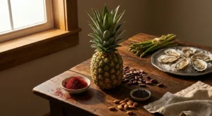 A beautiful spread of pineapple, cocoa beans, saffron, oysters, and asparagus on a rustic wooden table under warm sunlight.