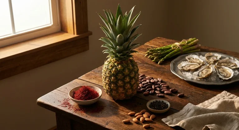 A beautiful spread of pineapple, cocoa beans, saffron, oysters, and asparagus on a rustic wooden table under warm sunlight.