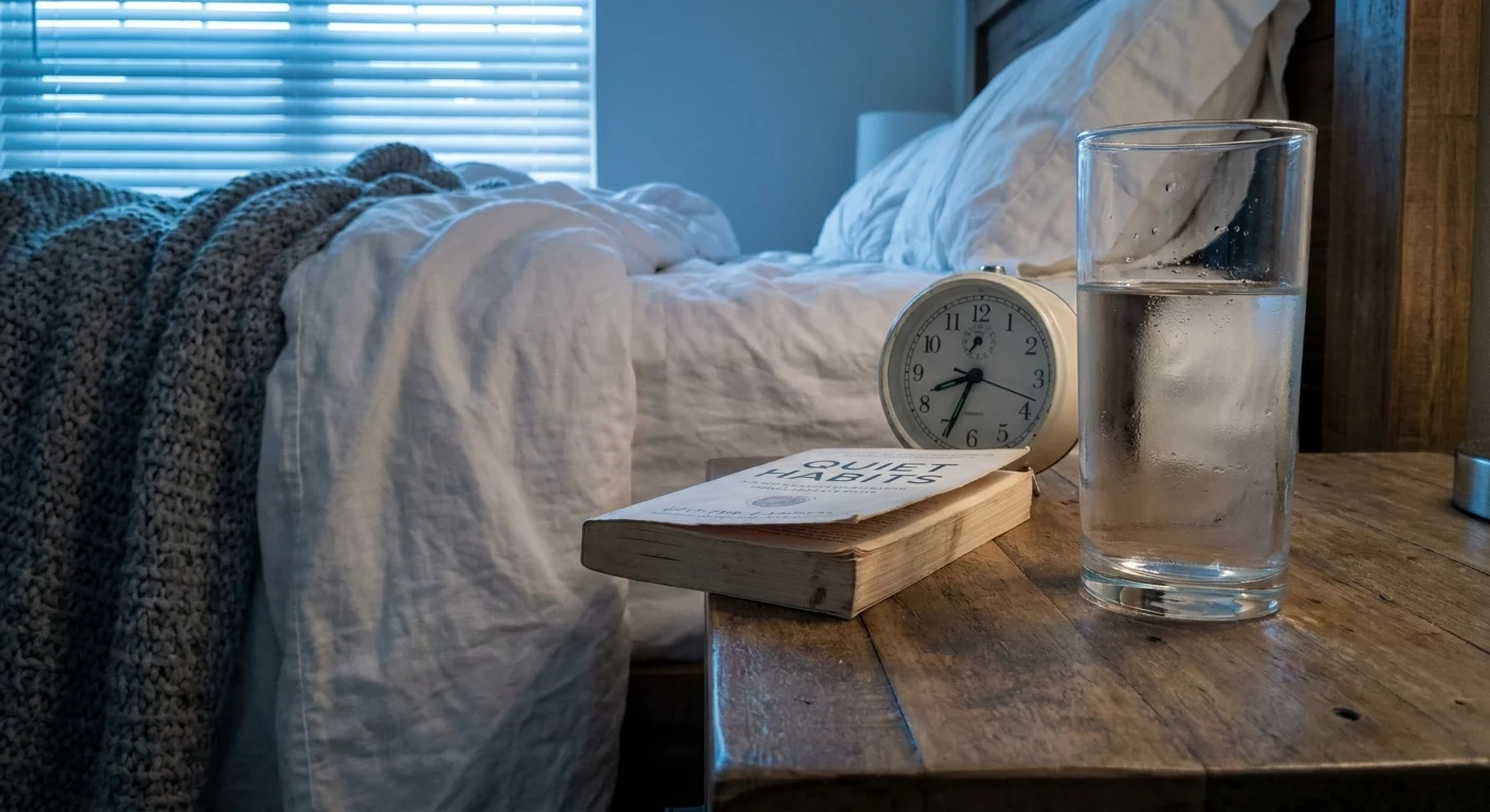 A bedside table with a glass of water and an alarm clock in the soft light of dawn.
