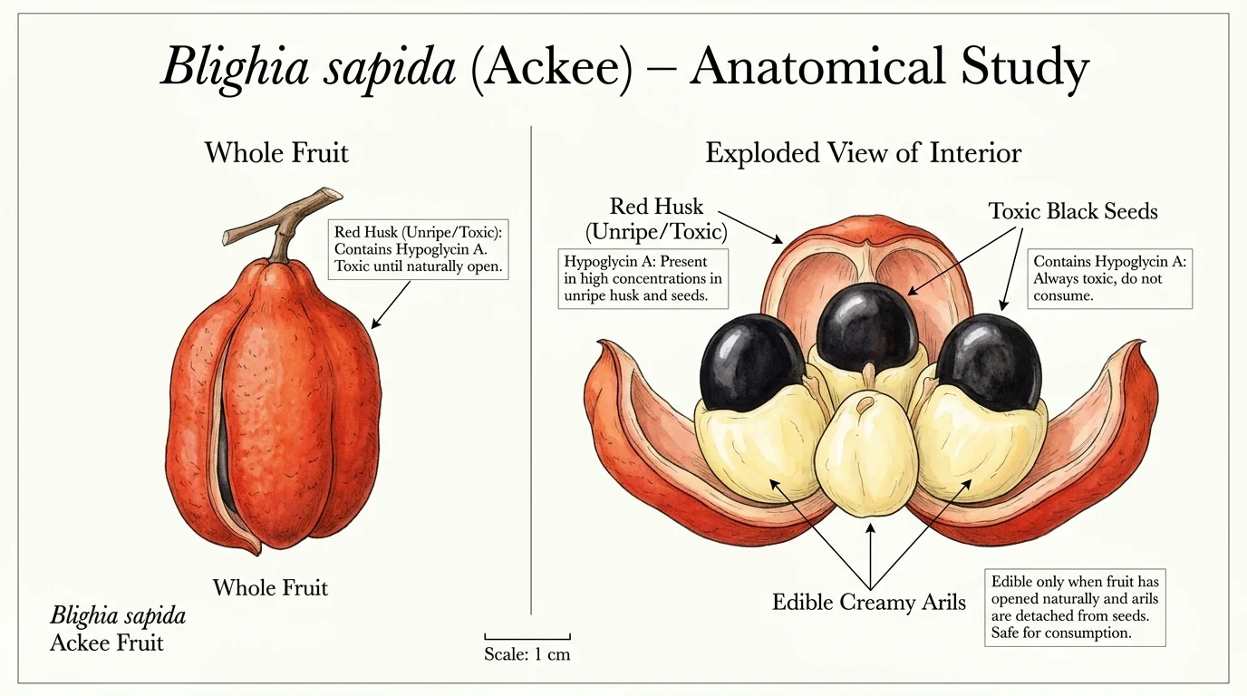 A botanical diagram of an Ackee fruit showing the edible yellow arils and the toxic black seeds.