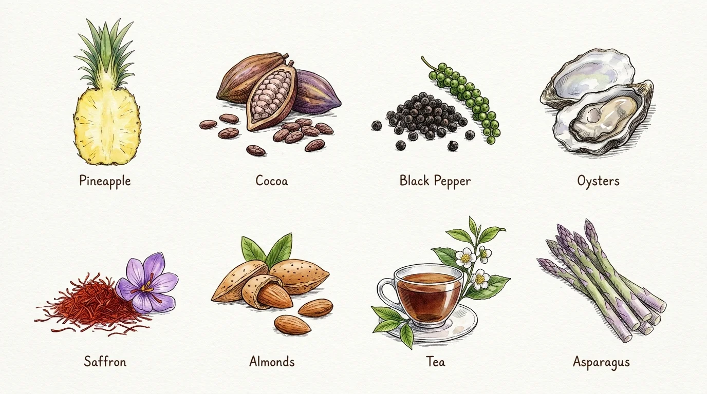 A botanical watercolor chart showing eight foods including pineapple, saffron, and oysters with hand-lettered labels.