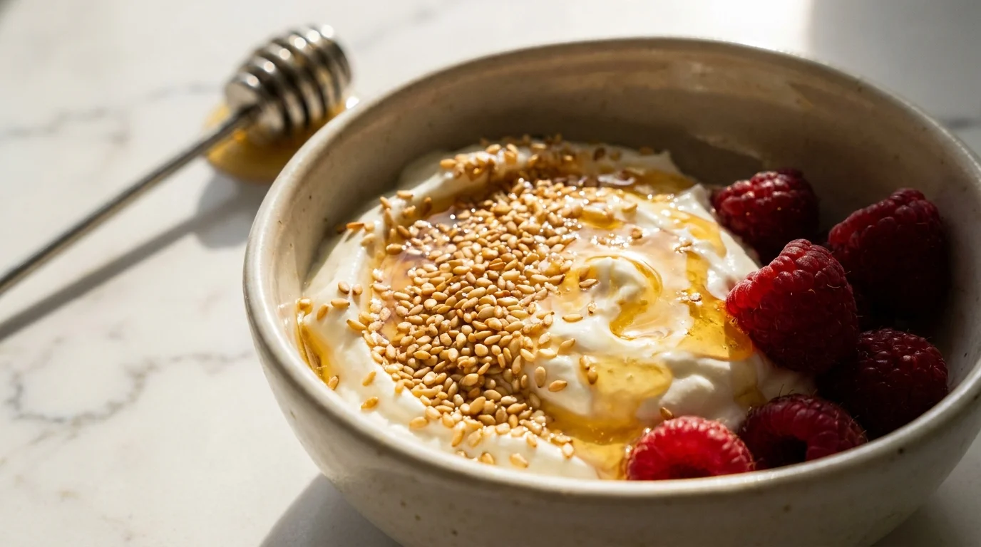 A bowl of yogurt topped with toasted sesame seeds, a drizzle of honey, and raspberries.