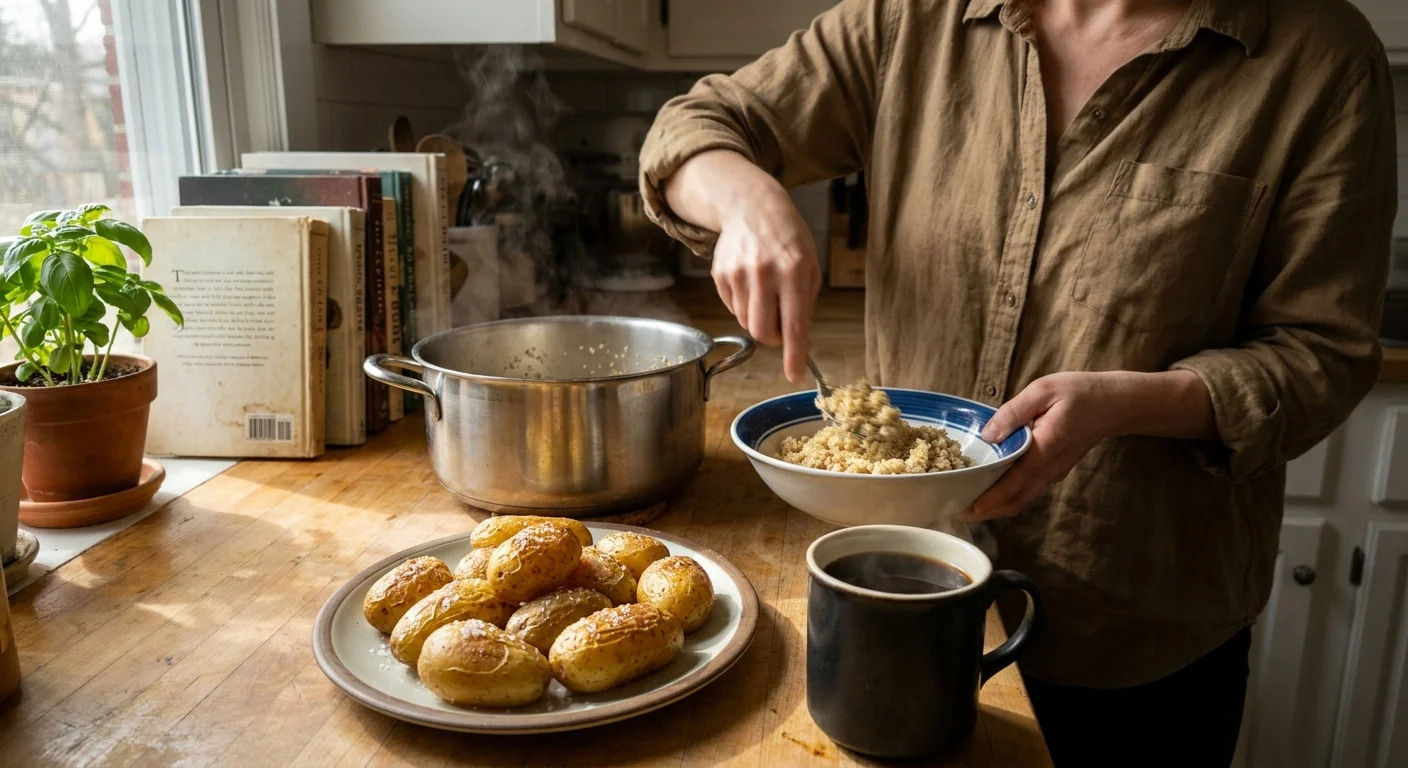 A candid kitchen scene of a person preparing a healthy meal with quinoa, roasted potatoes, and a cup of coffee.