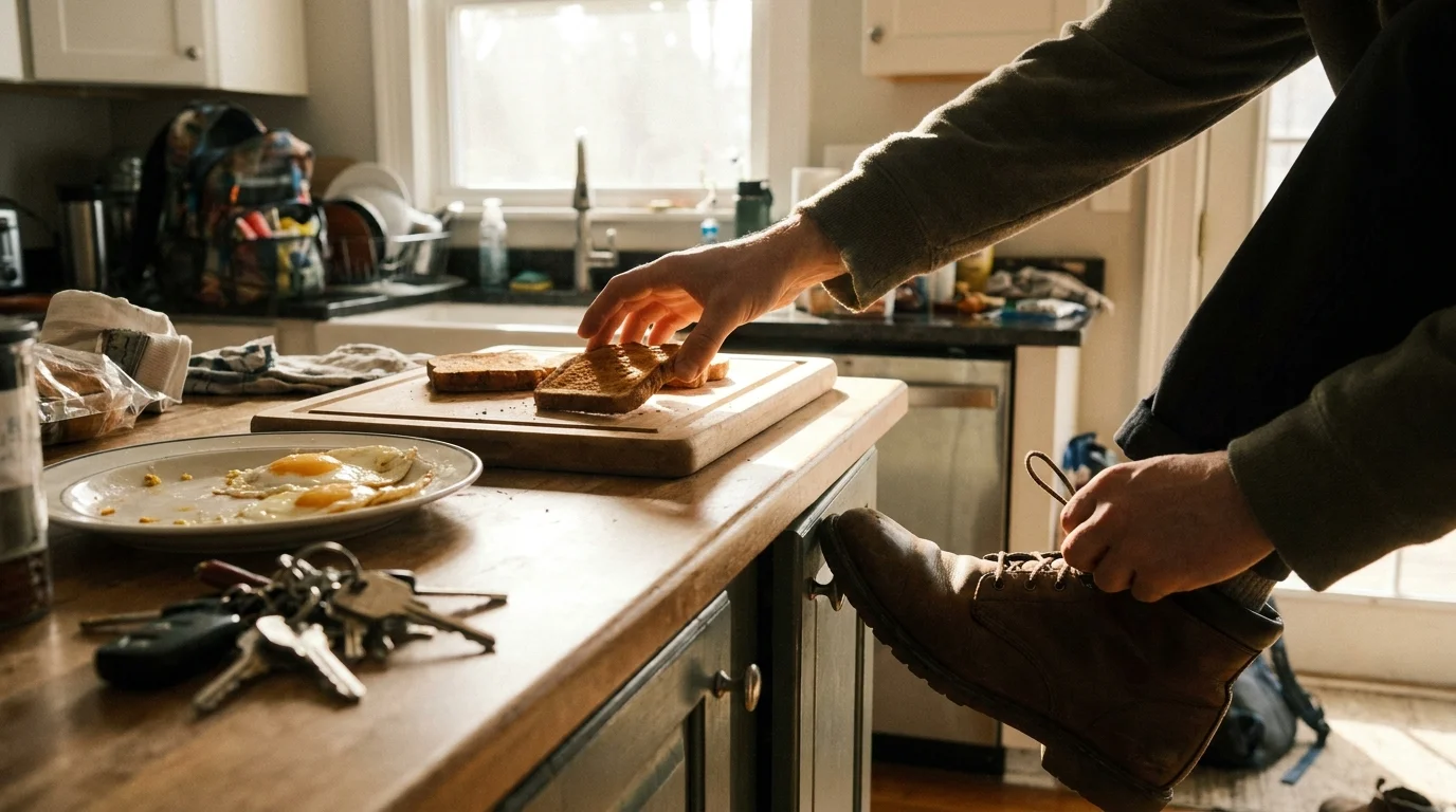 A candid, slightly blurred photo of a person rushing to eat breakfast while getting ready to leave the house.
