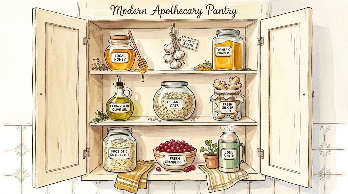 A charming watercolor illustration of a kitchen pantry shelf stocked with nine labeled medicinal foods like garlic and honey.