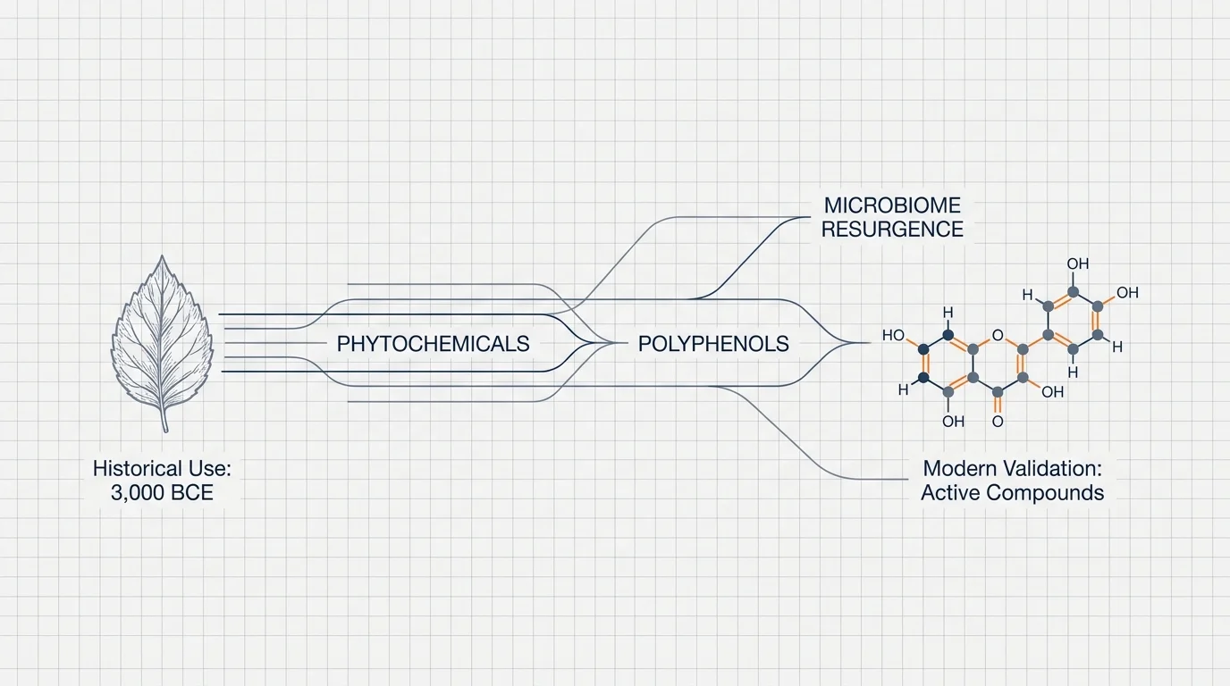 A clean, horizontal diagram showing the evolution from ancient botanical sketches to modern molecular structures.