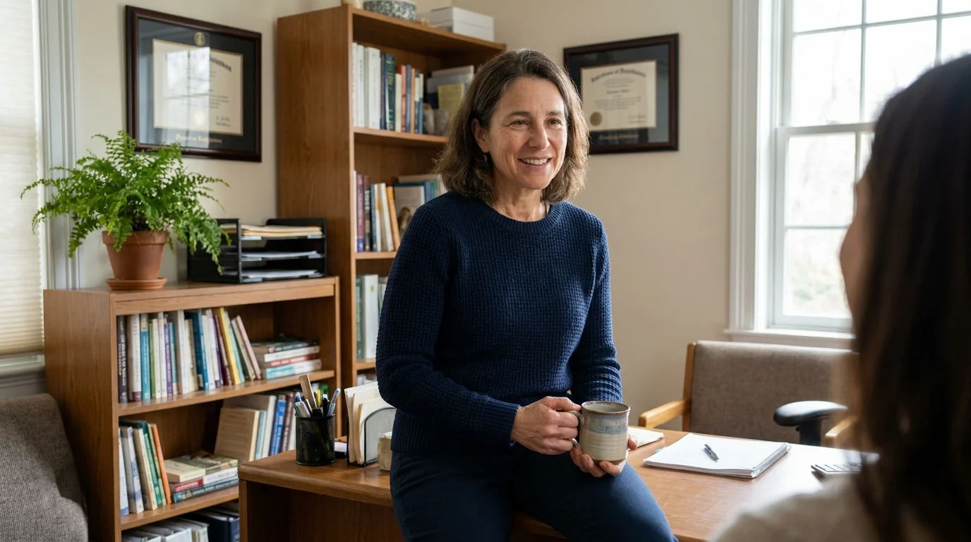 A clinician in a sweater talking to a patient in a warm, comfortable office filled with books.