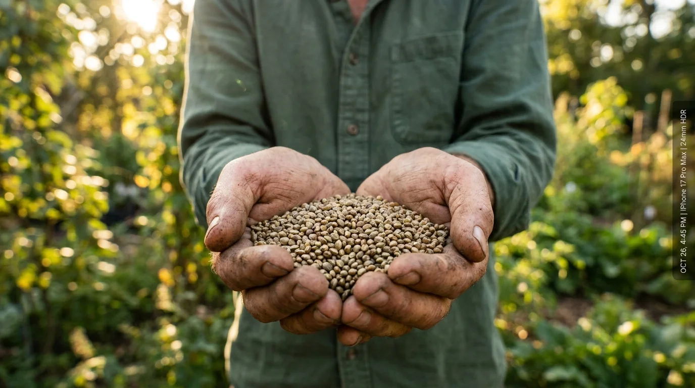A close-up of a person holding a handful of hemp seeds in their palms against a blurred garden background.