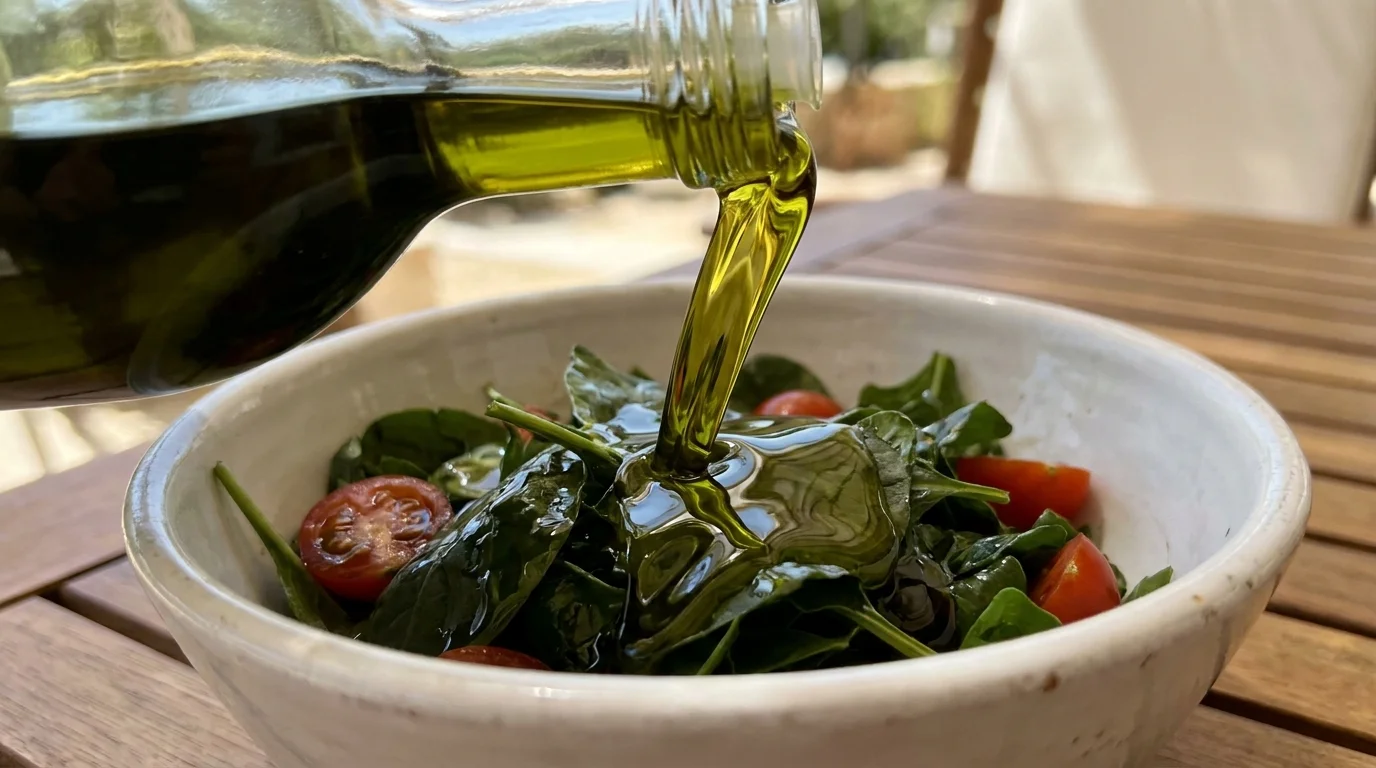 A close-up of golden-green olive oil being poured onto a fresh green salad in a white bowl.