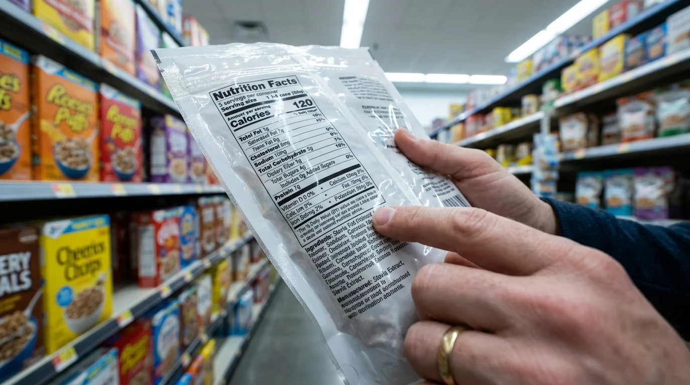 A close-up of hands holding a food package and reading the nutrition label in a grocery store.