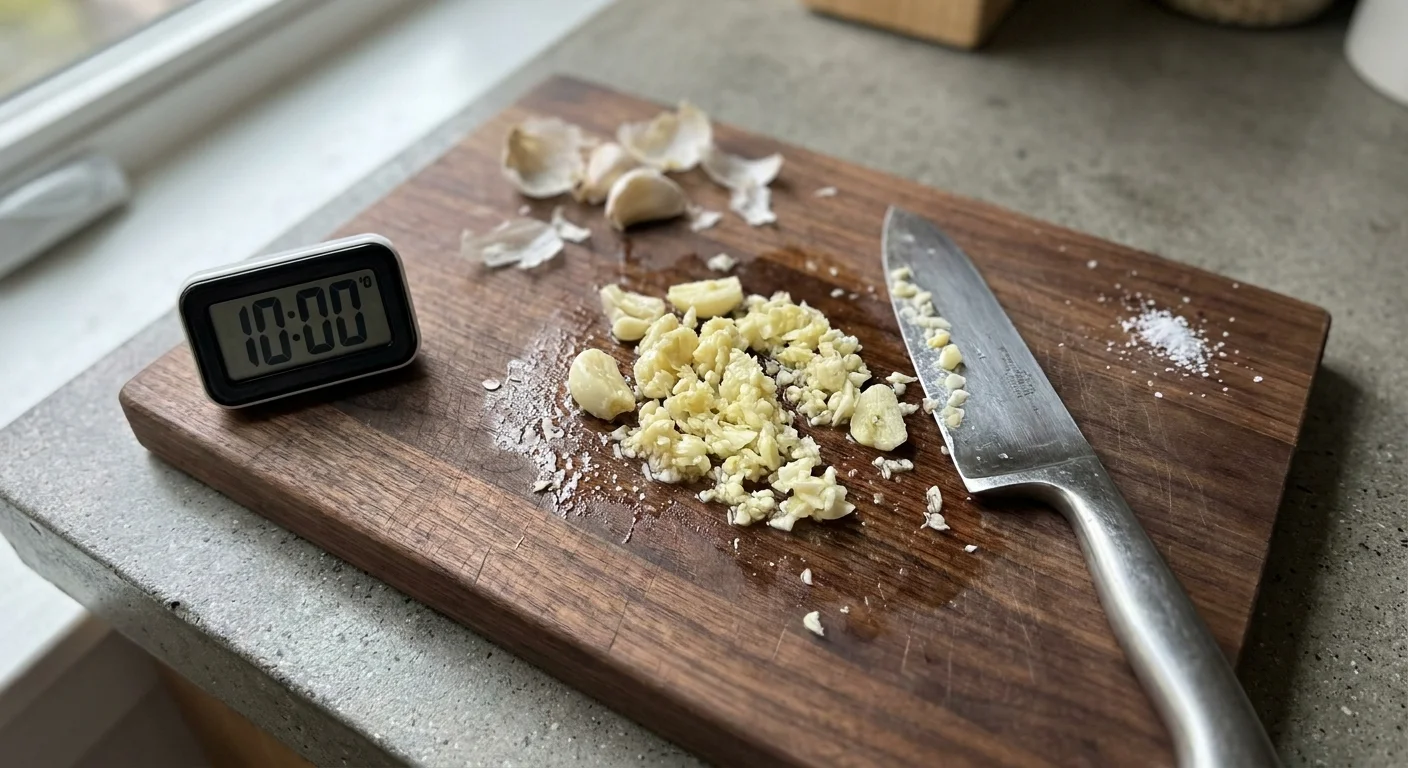 A close-up photo of minced garlic on a wooden board next to a kitchen timer set to 10 minutes.