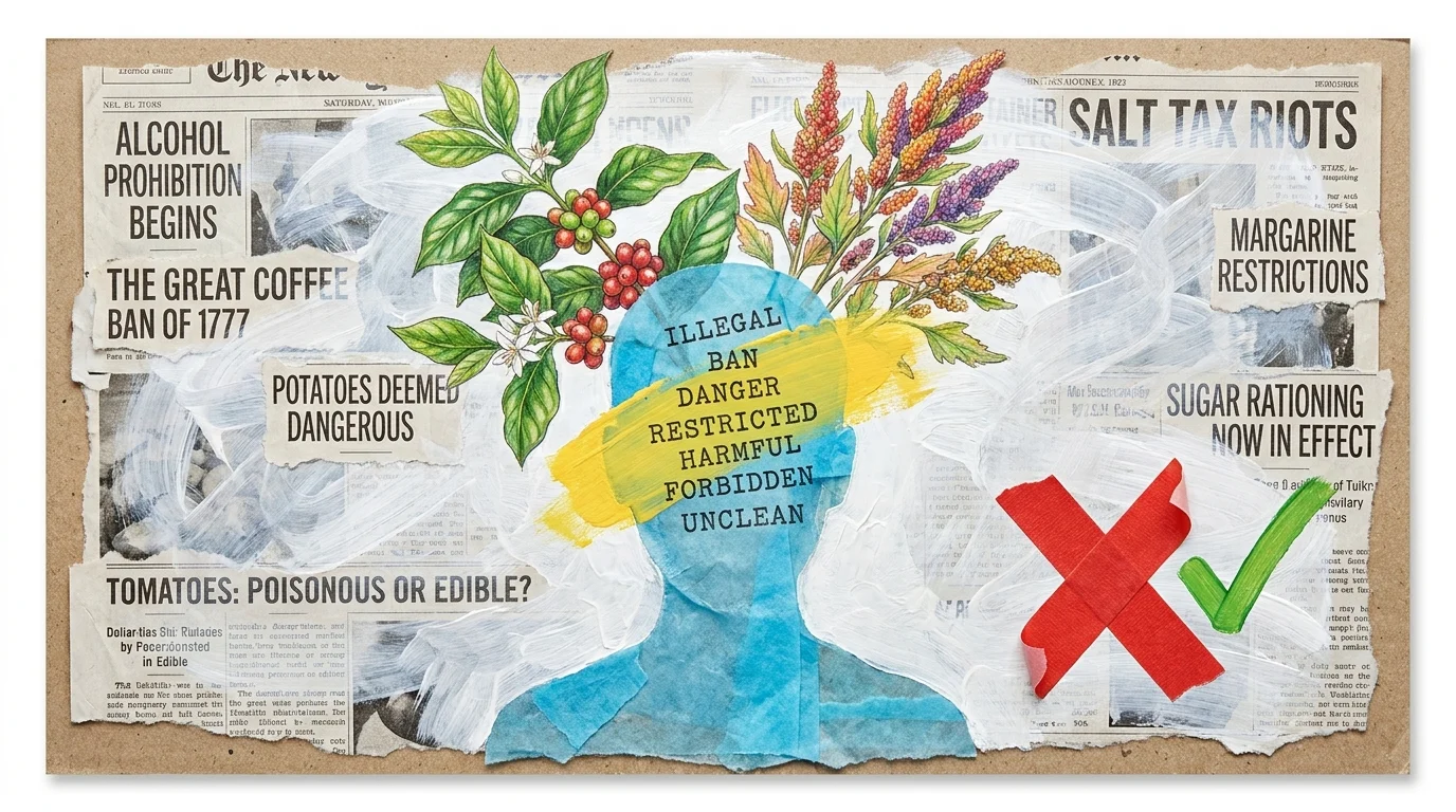 A collage showing a silhouette head clearing away words like 'Illegal' and 'Ban' to reveal colorful botanical food illustrations.