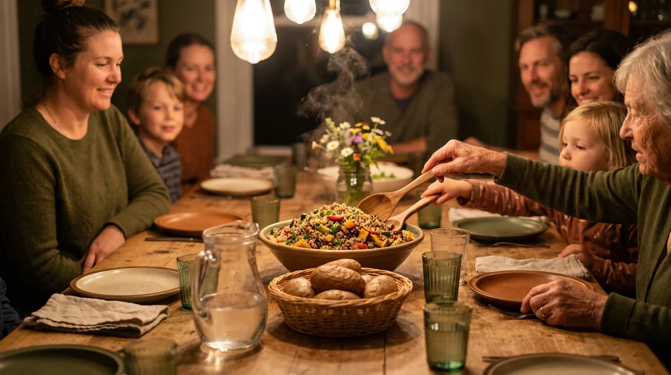 A communal dinner table with a bowl of quinoa salad and potatoes, with hands reaching in to share the food.