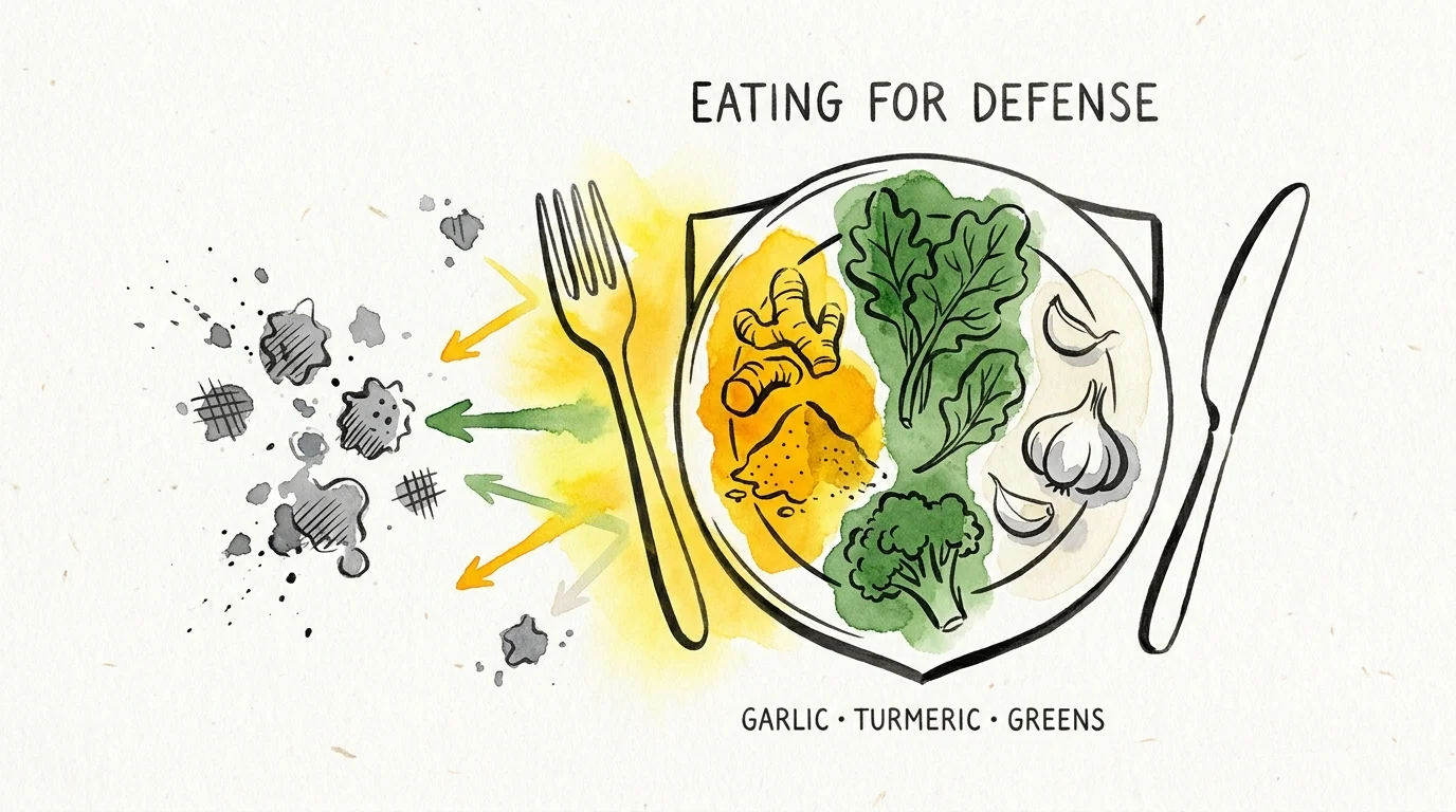 A conceptual illustration of a dinner plate acting as a protective shield against abstract gray shapes.