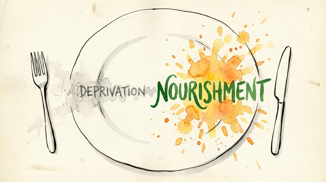 A conceptual watercolor illustration showing a shift on a plate from the word 'Deprivation' to 'Nourishment'.