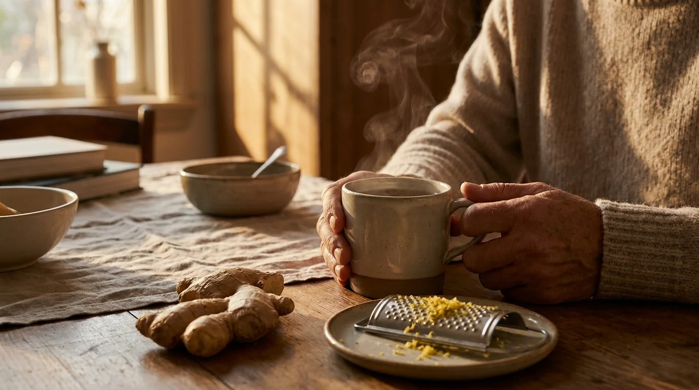 A cozy, sunlit scene of a person holding a mug of tea next to fresh ginger root and a grater on a kitchen table.
