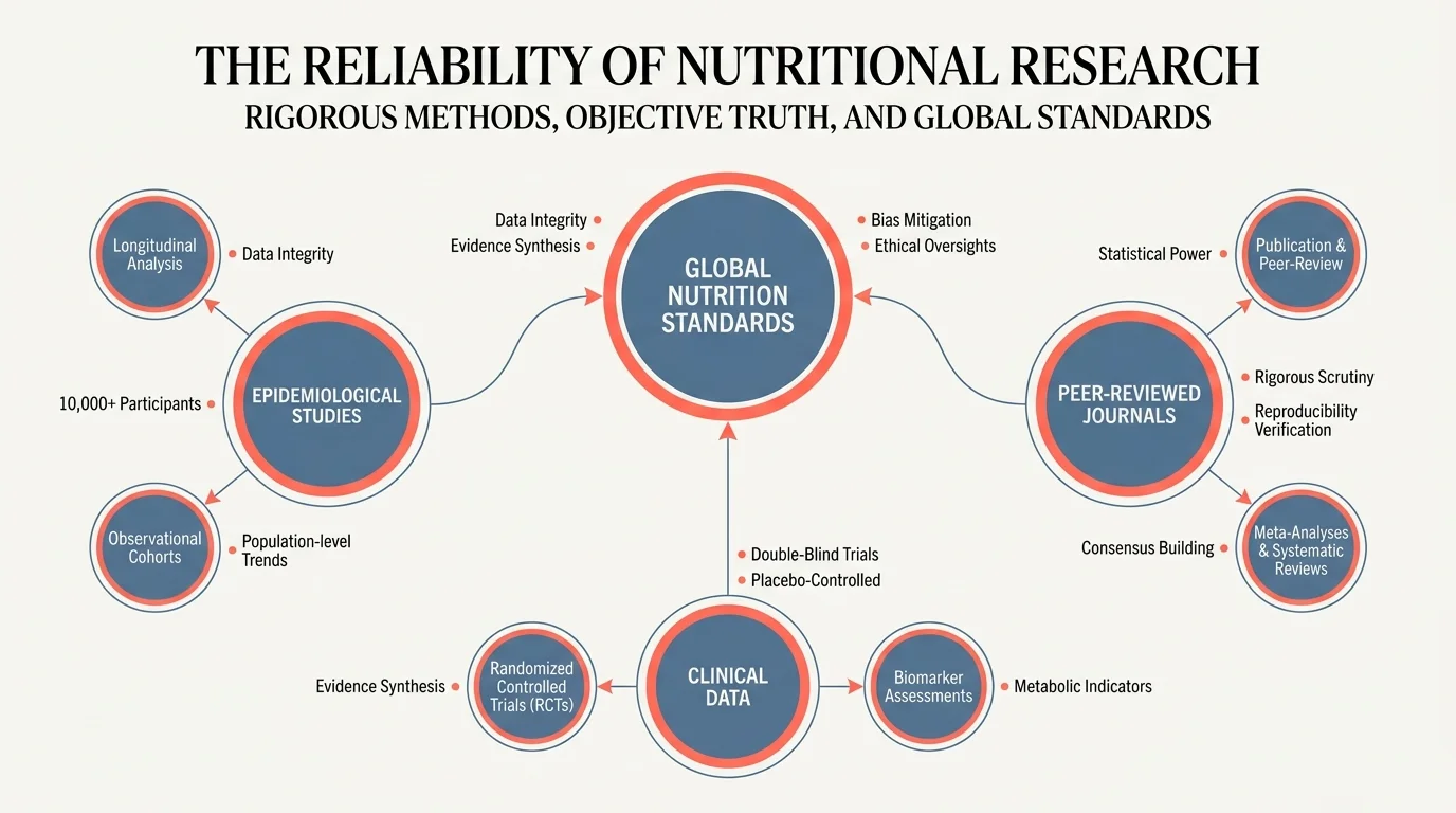A data visualization chart showing the connections between clinical studies, journals, and global nutrition standards.