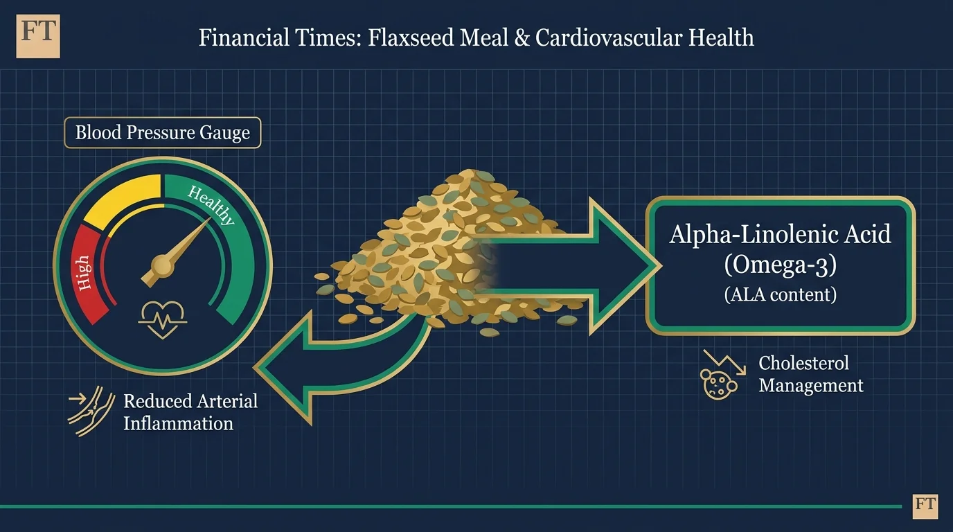 A diagram linking ground flaxseeds to alpha-linolenic acid, reduced inflammation, and healthy blood pressure.