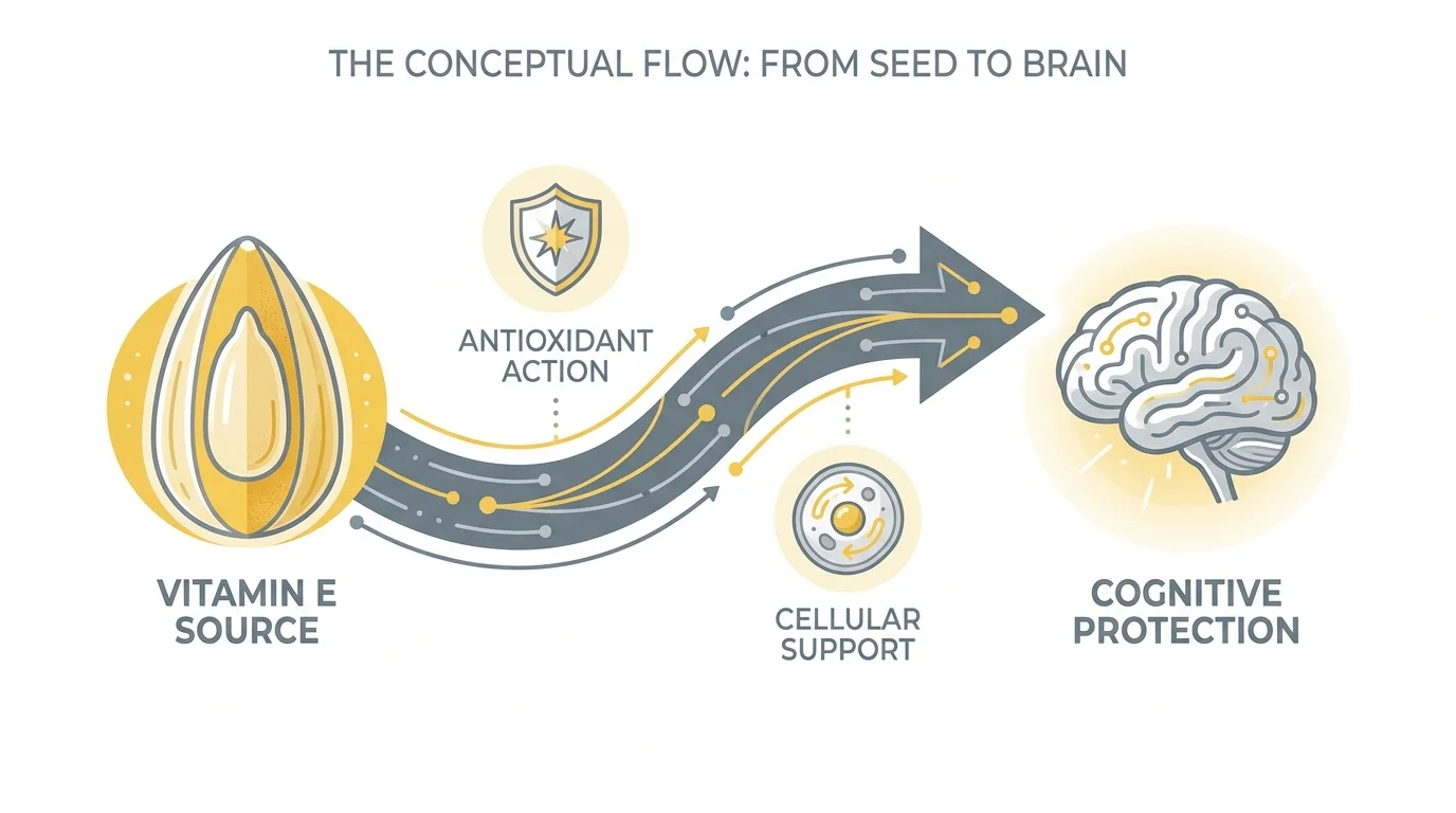 A diagram showing how Vitamin E from sunflower seeds provides antioxidant protection for the brain.