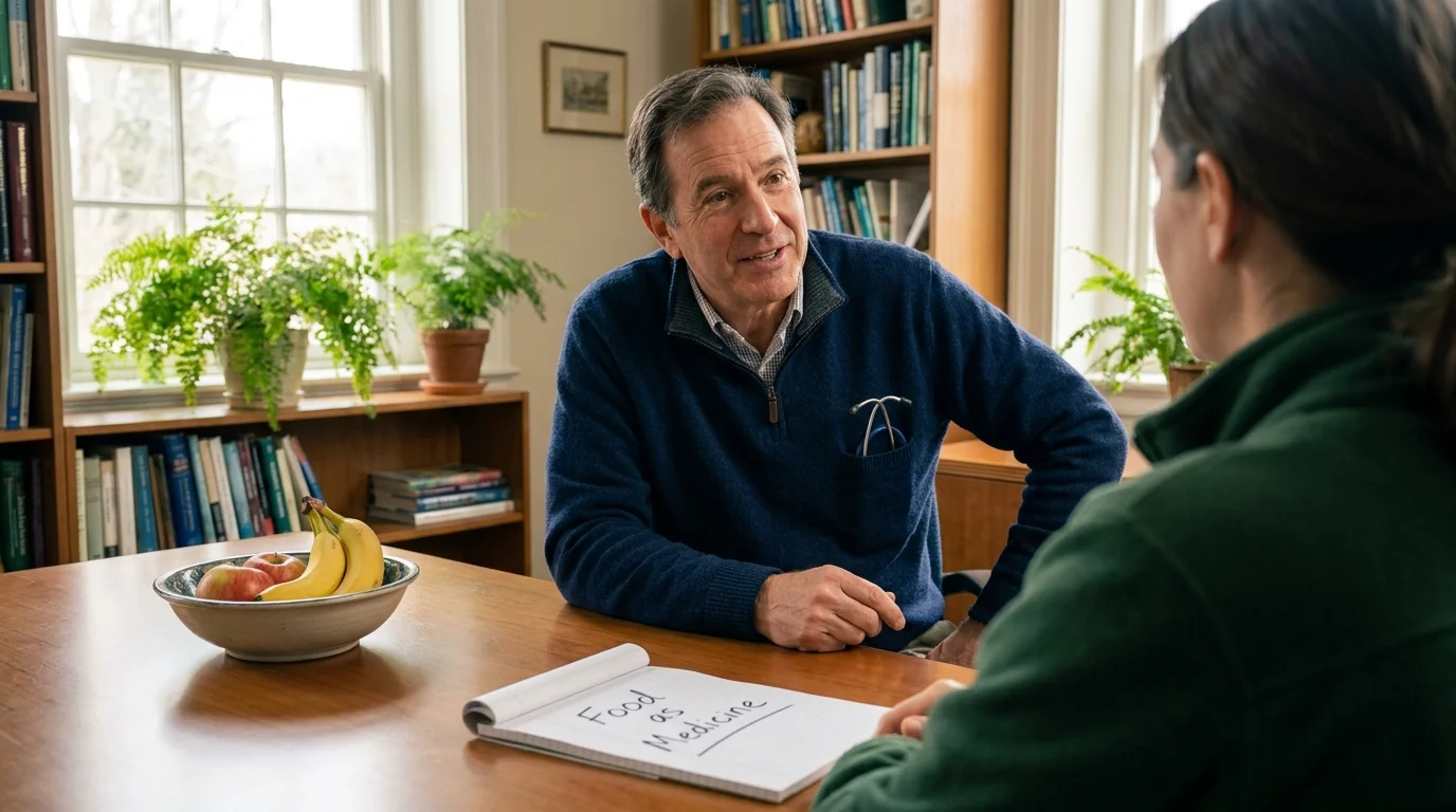 A doctor in a comfortable sweater having a warm, face-to-face conversation with a patient in a cozy office.
