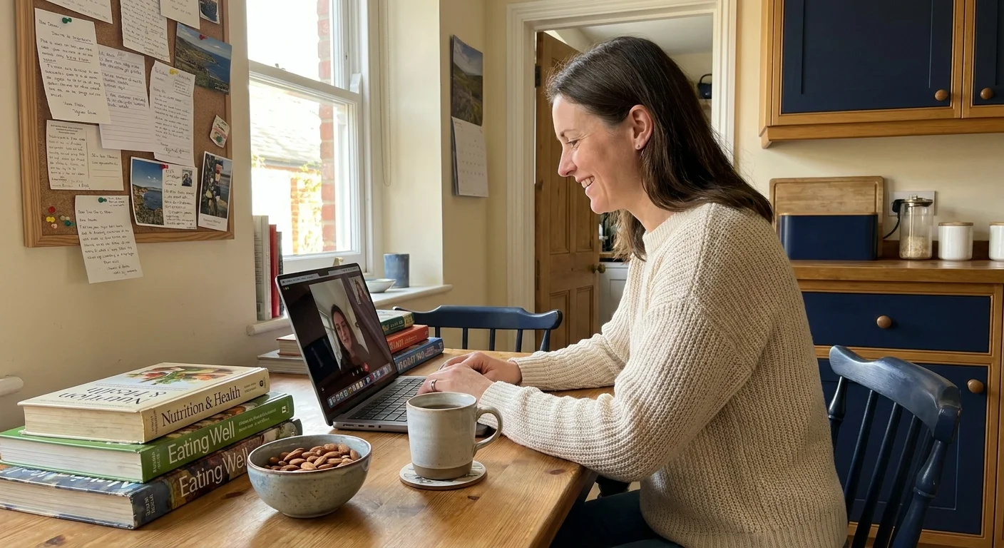 A friendly dietitian working at her kitchen table with a laptop, tea, and almonds in a sunlit room.