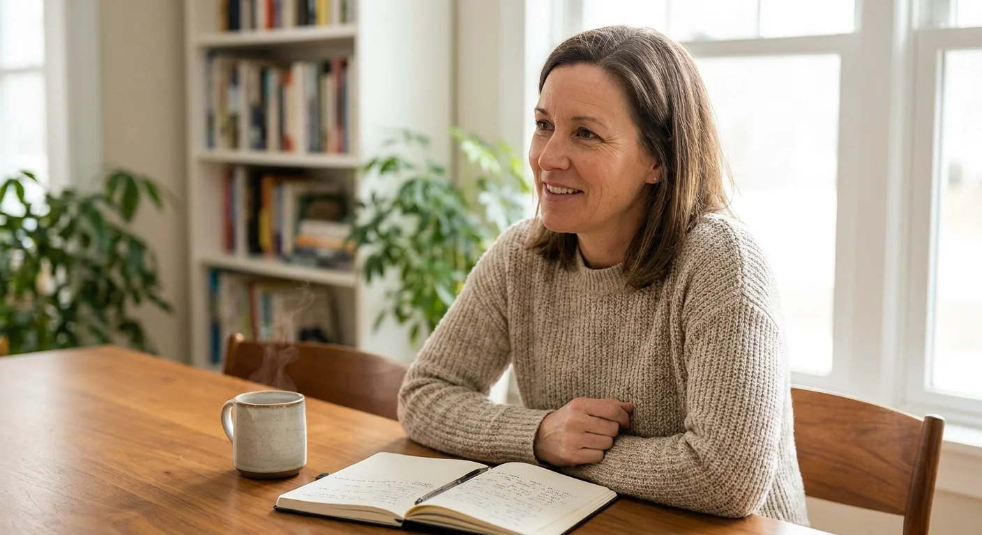 A friendly nutritionist in a warm home office setting, listening intently with a notebook and tea.