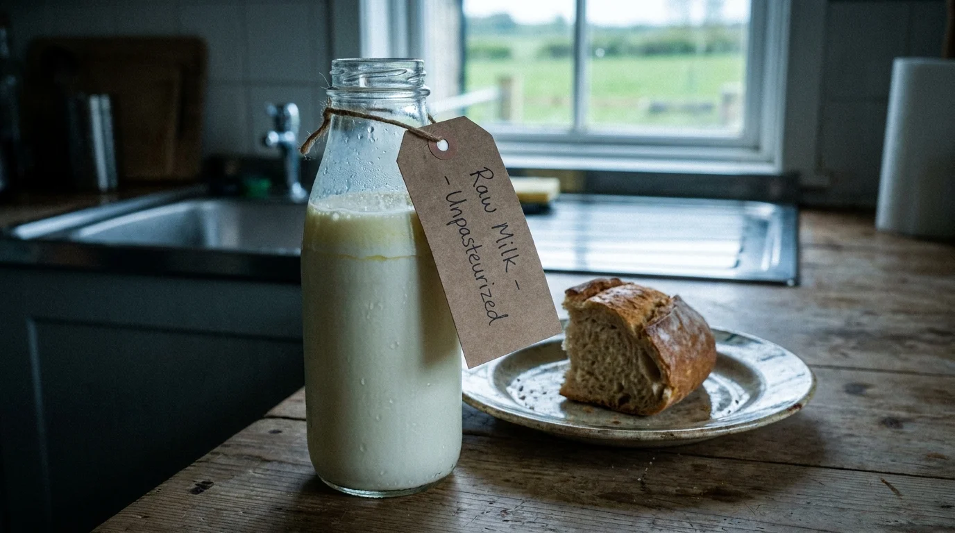 A glass bottle of unpasteurized raw milk with a hand-tied tag sitting on a rustic wooden table.