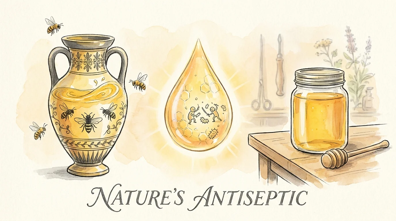 A golden watercolor illustration showing an ancient honey jar and a modern one, connected by a glowing drop of honey.