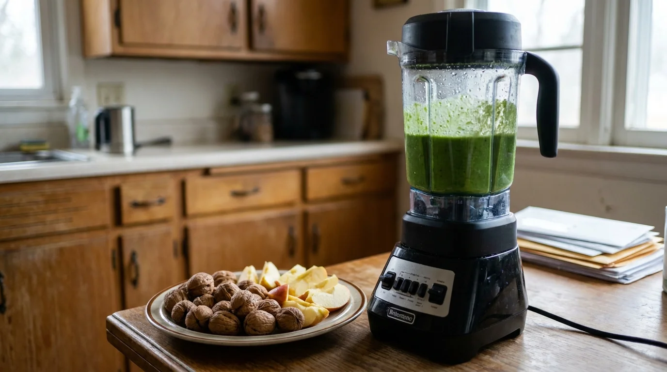 A green smoothie in a blender next to whole food items like walnuts and apples on a kitchen counter.