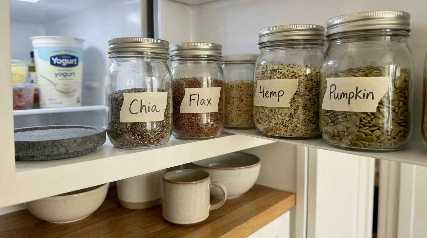 A kitchen shelf with organized glass jars of various seeds, labeled for easy daily use.