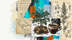 A mixed-media collage featuring potatoes, coffee, and historical documents from 1748 and 1511 representing banned foods.