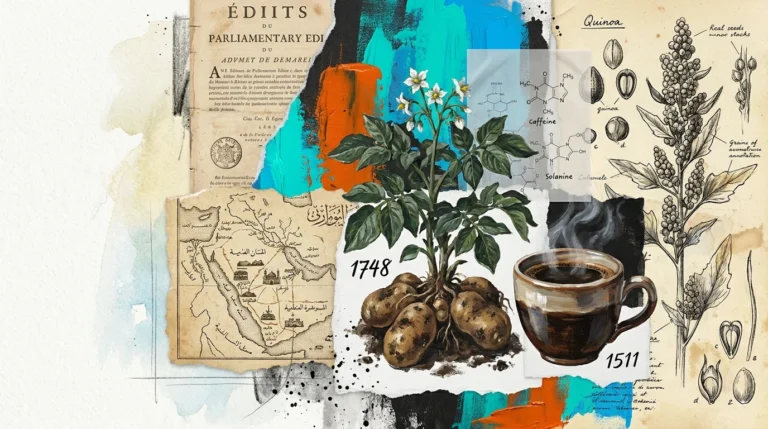 A mixed-media collage featuring potatoes, coffee, and historical documents from 1748 and 1511 representing banned foods.