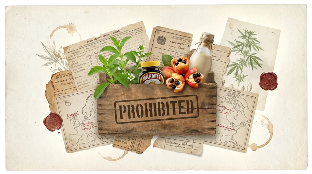 A mixed media collage showing a wooden crate labeled prohibited, surrounded by stevia leaves, marmite, ackee fruit, and milk bottles.