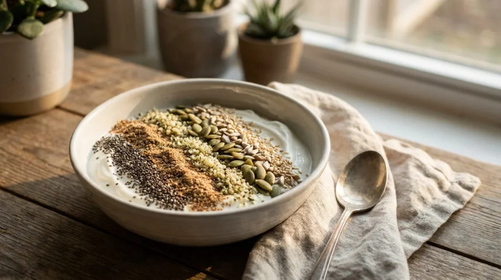 A nutritious bowl of Greek yogurt topped with six different types of healthy seeds on a sunlit wooden breakfast table.