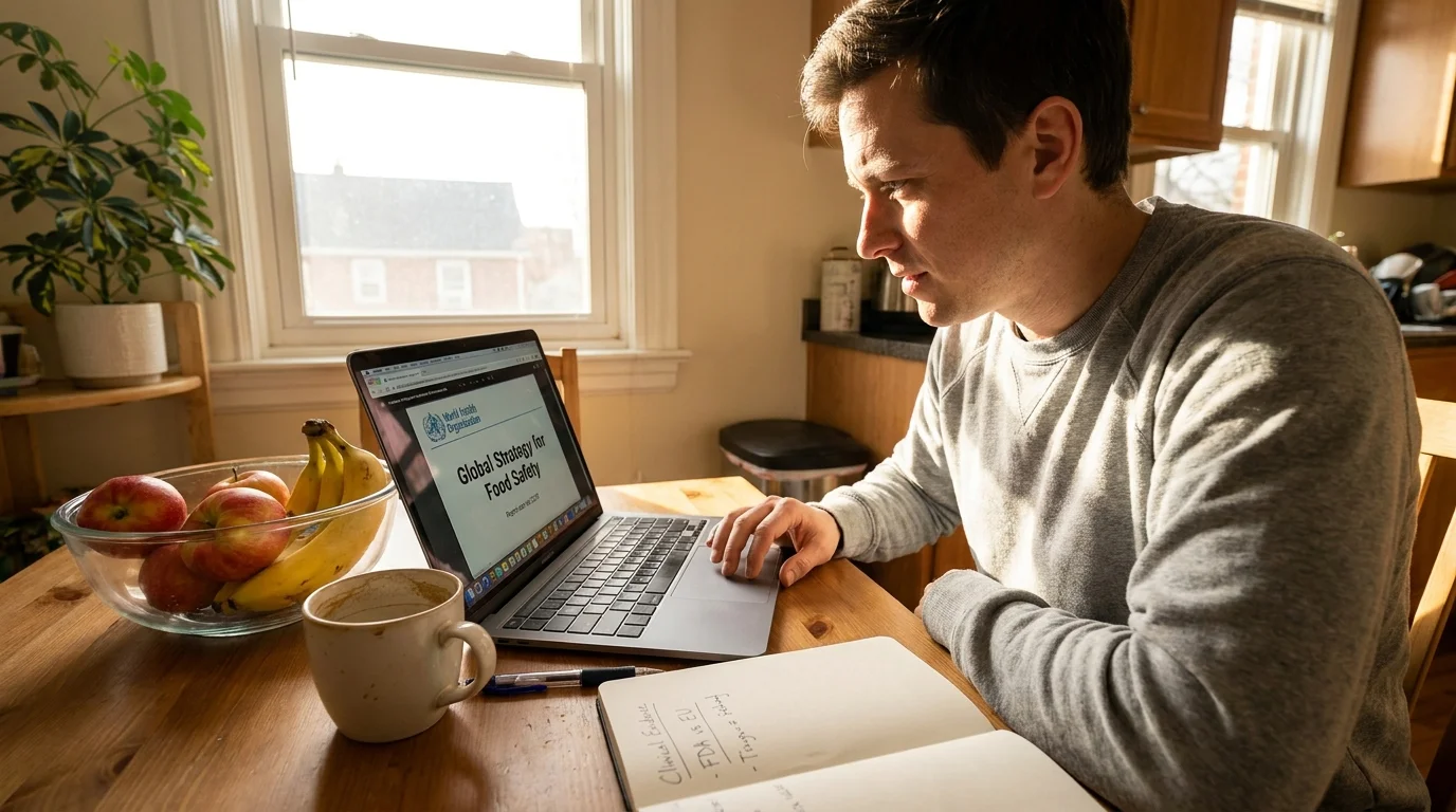 A person at a kitchen table researching food safety guidelines on their laptop with a bowl of fruit nearby.