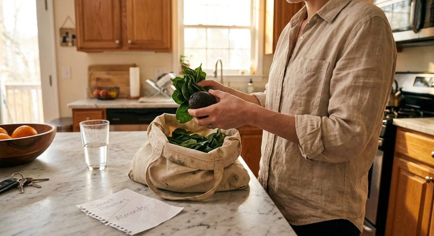 A person in a sunny kitchen packing fresh spinach and avocados into a reusable grocery bag next to a handwritten shopping list.