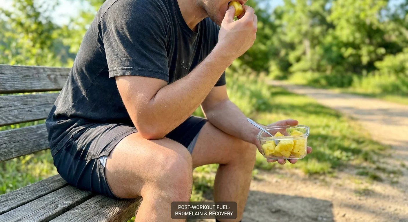 A person in workout clothes eating fresh pineapple on a park bench after an exercise session.
