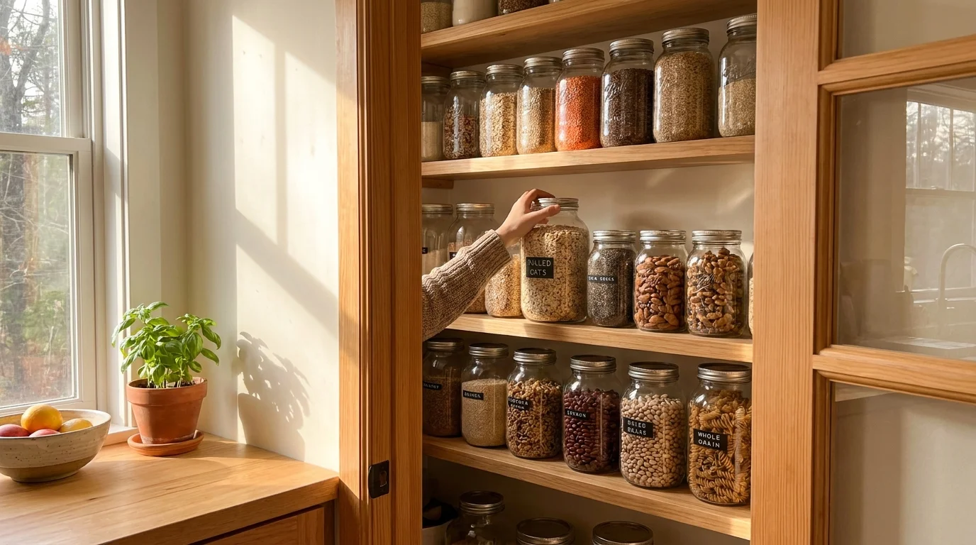 A person reaching into a well-organized kitchen pantry filled with glass jars of healthy staples.