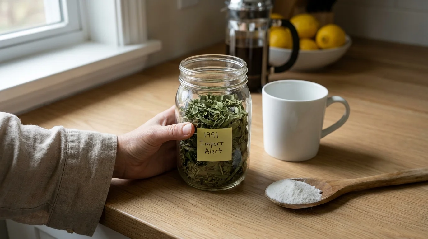 A person's hand holding a jar of dried stevia leaves on a sunlit wooden kitchen counter next to a mug.